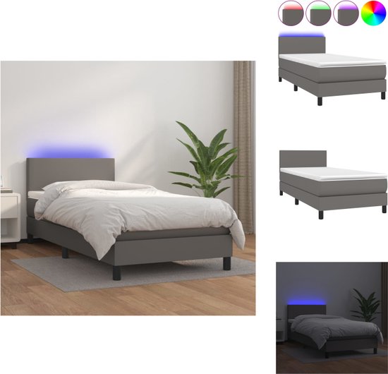vidaXL Boxspring Grijs Kunstleer 203x100x78/88 cm - Hoofdbord verstelbaar - LED-verlichting - Bed