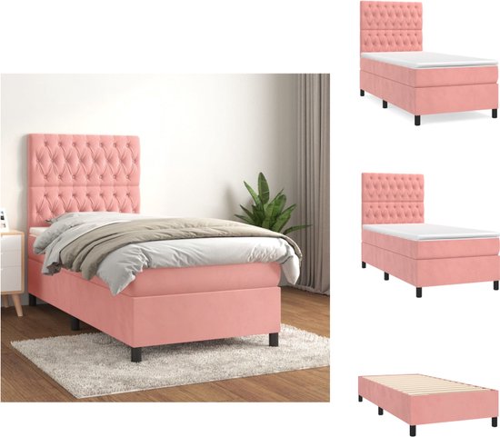 vidaXL Boxspringbed - Fluweel - Pocketvering - Middelharde ondersteuning - Huidvriendelijk - Roze - 203x100x118/128 cm - incl - bedframe - hoofdeind - matras en topmatras - Bed