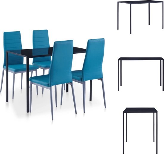 vidaXL Eetkamerset - 5-delig - Blauw - Gehard glas - Kunstleer - 105x60x74 cm - Set tafel en stoelen