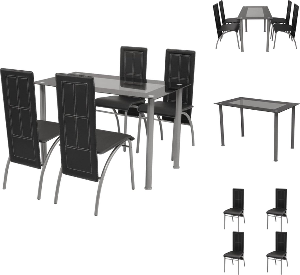 VidaXL Eettafelset Zwarte stoelen Gepoedercoat stalen frame Gehard glazen tafelblad 120 x 70 x 75 cm Set tafel en stoelen