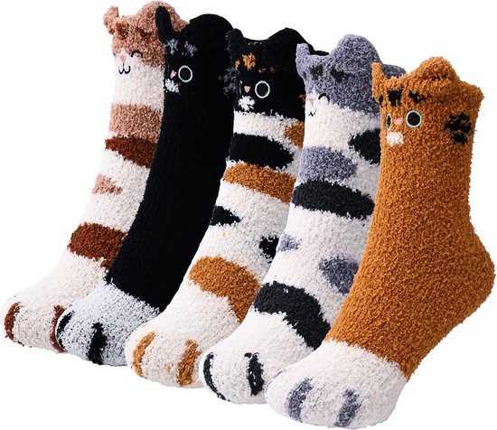5 paar dierensokken voor dames, schattige kattenpootsokken, bedsokken, slaapsokken, winterwarme sokken, schattige dierenbedsokken, kerstsokken,