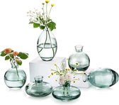 Kleine vazen voor tafeldecoratie, glas, 2 sets (6 stuks), groene mini-vaas, vintage, handgemaakt, hydrocultuur, glazen vaas, moderne set voor bruiloft, tafeldecoratie, thuis, woonkamer