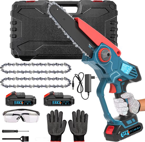 Mini kettingzaag op accu - Zaagbladlengte 15cm - 2 accu's van 2000 mAh - elektrische kettingzaag, eenhandskettingzaag, elektrische handkettingzaag voor tuin, hout en snoeischaren
