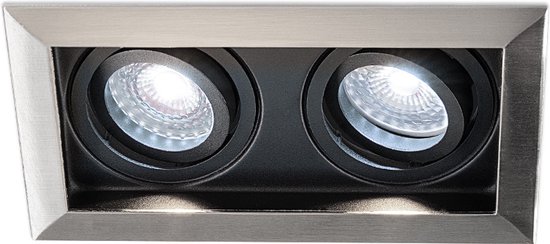 HOFTRONIC - Durham Dubbel LED Inbouwspot vierkant RVS - GU10 - 10 Watt 800 Lumen - 6000K Daglicht wit licht - Kantelbaar en Dimbaar - Diameter 100x185mm - Plafondspots 2 lichts
