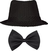 Carnaval verkleed set compleet - hoedje en vlinderstrikje - zwart - heren/dames - glimmend - verkleedkleding