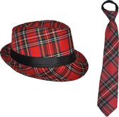 Carnaval Schotse ruit thema verkleed set - hoedje en stropdas - rood tartan - heren