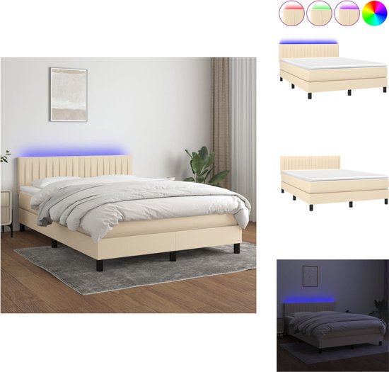 vidaXL Boxspring Bed - Crème - 193 x 144 x 78/88 cm - Verstelbaar hoofdbord - Kleurrijke LED-verlichting - Pocketvering matras - Huidvriendelijk topmatras - Inclusief montagehandleiding en 2 LED-strips - Bed