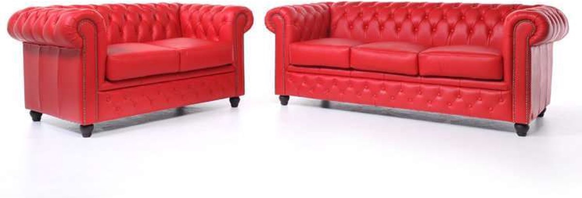 Chesterfield Bank Original Leer | 2 + 3 zits | Rood| 12 jaar garantie