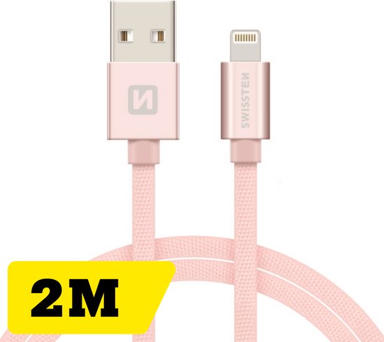 Swissten Lightning naar USB kabel - 2M - Gevlochten kabel geschikt voor iPhone 7/8/X/11/12/13/14 - Roze