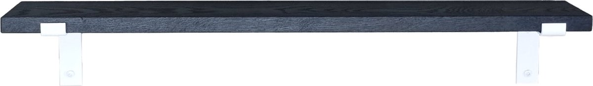 GoudmetHout® Wandplank Industrieel - 220 x 15 cm Muurplank - Zwart Eiken Hout - Decoratie Wandrek & Boekenrek - Hangplank Keuken - Wall Shelf + 2 Mat Witte Plankdragers van Staal