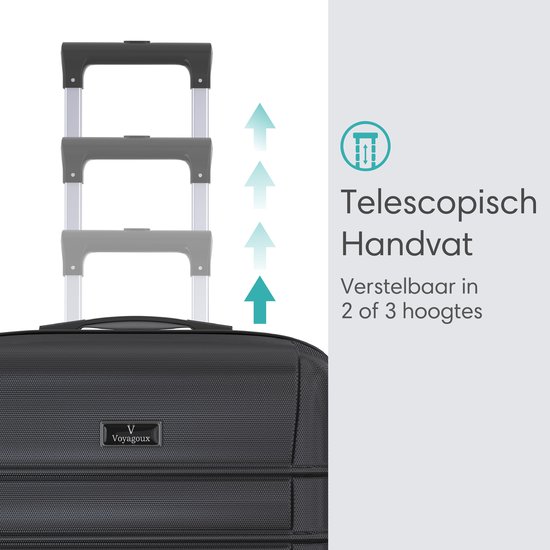 Close-up van de telescopische handgreep van een zwarte koffer, instelbaar in meerdere hoogtes. Tekst: 'Telescopisch Handvat', 'Verstelbaar in 2 of 3 hoogtes'.
