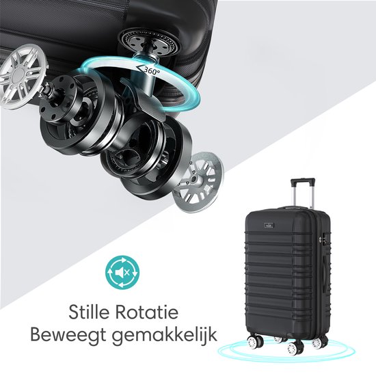 Zwarte koffer met gedetailleerde weergave van het 360° draaibare wielmechanisme. Tekst: 'Stille Rotatie Beweegt gemakkelijk'.