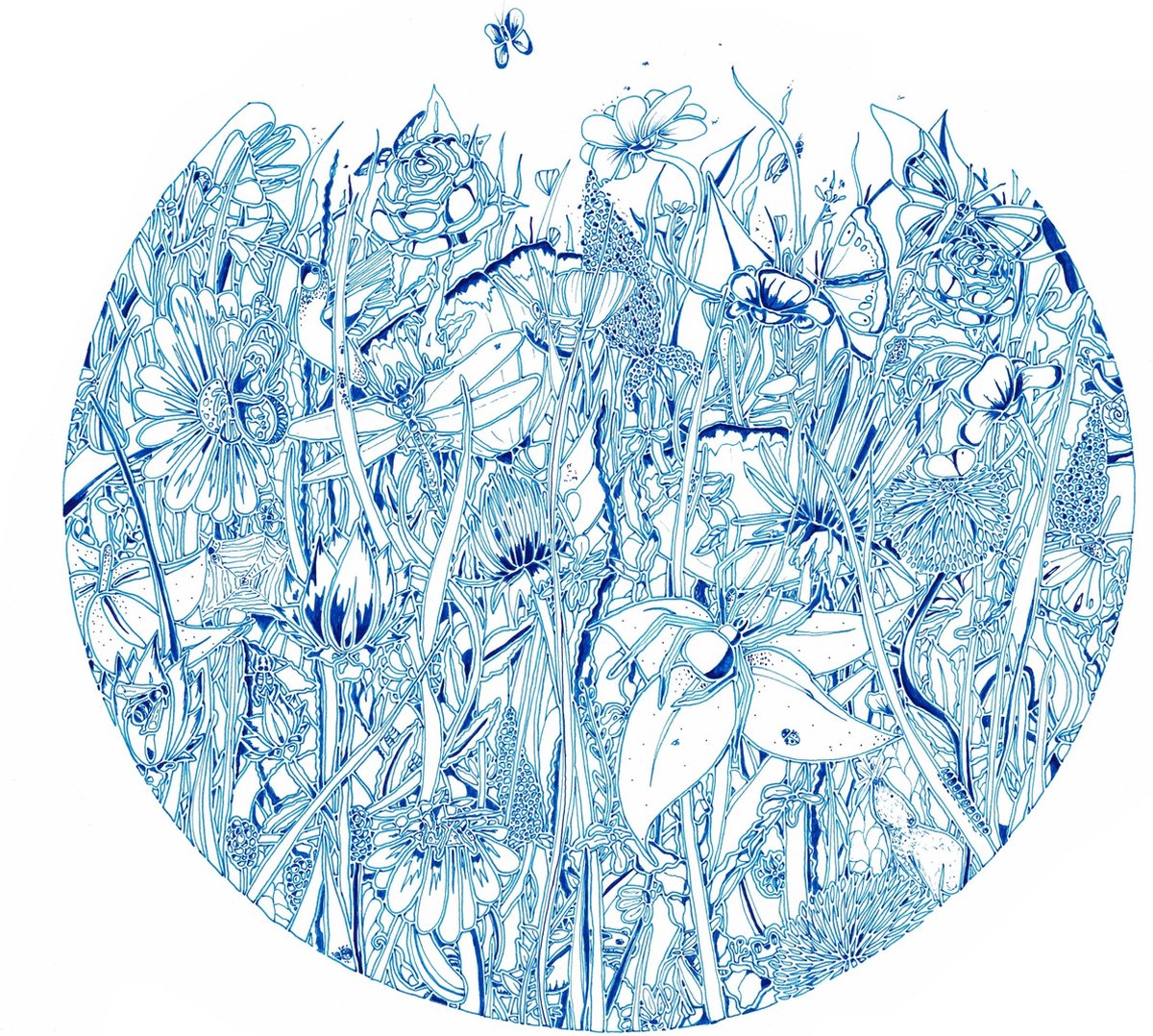 Yet Visser behangcirkel Blauwe bloemen (in te kleuren) 100 cm afneembaar DUURZAAM Delfsblauw