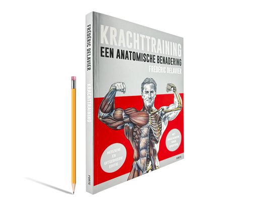 Boek Krachttraining: Een Anatomische Benadering naast een potlood. De cover toont een anatomische weergave van een man.