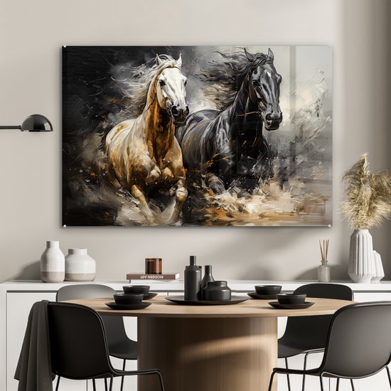 MuchoWow® Peinture sur verre 90x60 cm - Peinture sur verre acrylique - Paarden - Zwart - Wit - Animaux - Photo sur verre - Décoration murale salon - Décoration murale chambre - Peintures