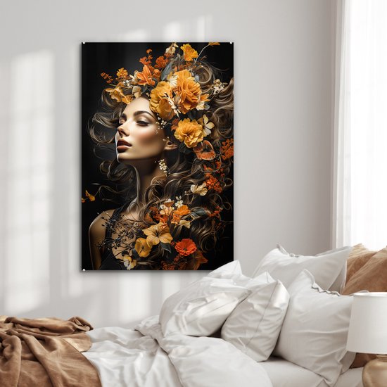 Peinture sur verre 60x90 cm - Femme fleurs - Photo sur verre - Tableau salon portrait - Tableaux plexiglas chambre - Décoration chambre plaque de verre - Décoration murale peintures sur verre - Décoration murale colorée