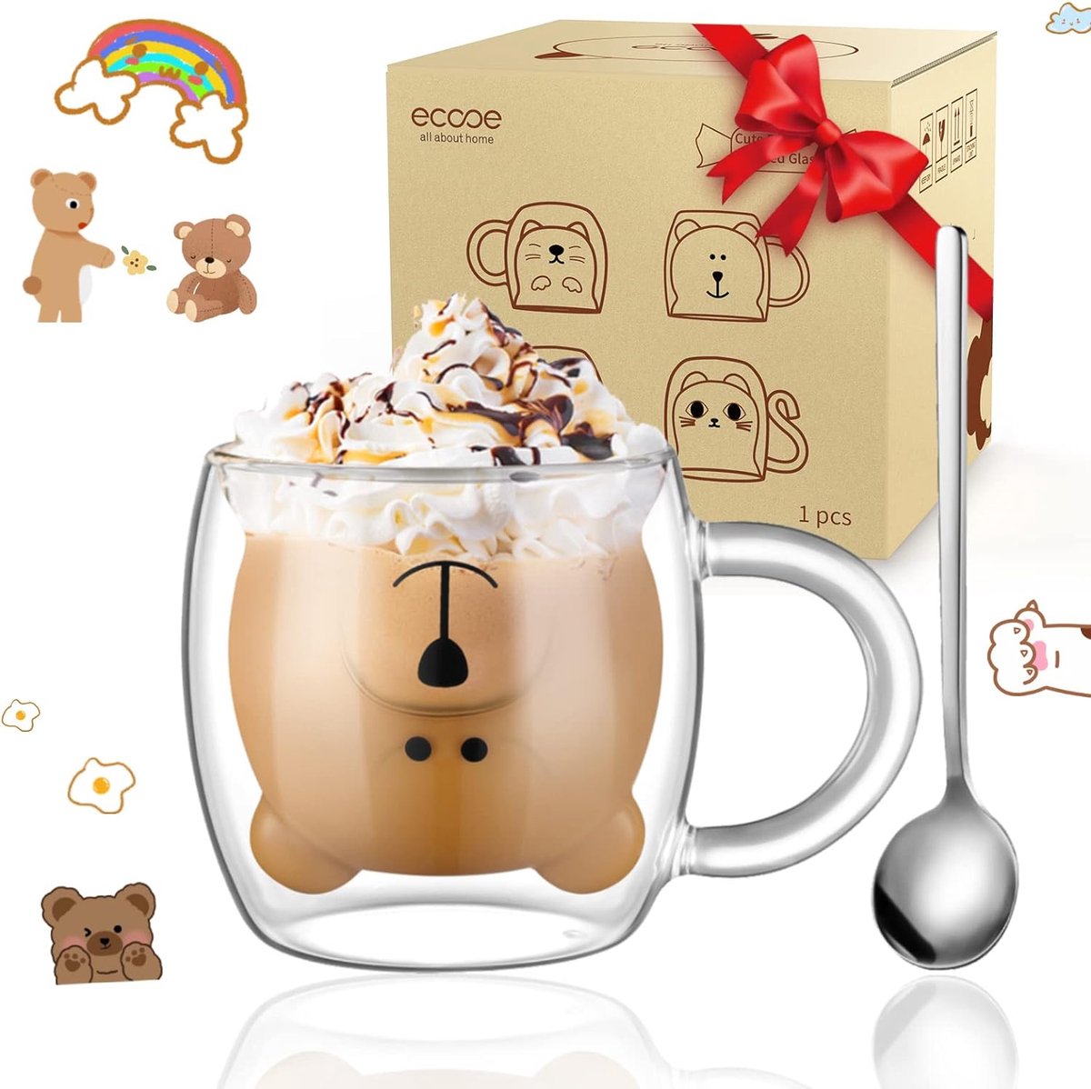 Schattige Cups Beer Dubbelwandige Glazen 280 ml Latte Macchiato Glazen Cappuccino Kopjes met Lepel en Handvat Borosilicaatglas Koffiekop Dubbelwandige Geschenken Beker Beer Koffieglas Theeglazen