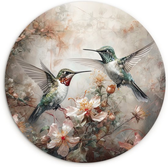 WallCircle - Wandcirkel 30x30 - Kolibrie - Vogels - Bloemen - Planten - Ronde schilderijen woonkamer - Wandbord rond - Muurdecoratie cirkel - Kamer decoratie binnen - Wanddecoratie muurcirkel - Woonaccessoires