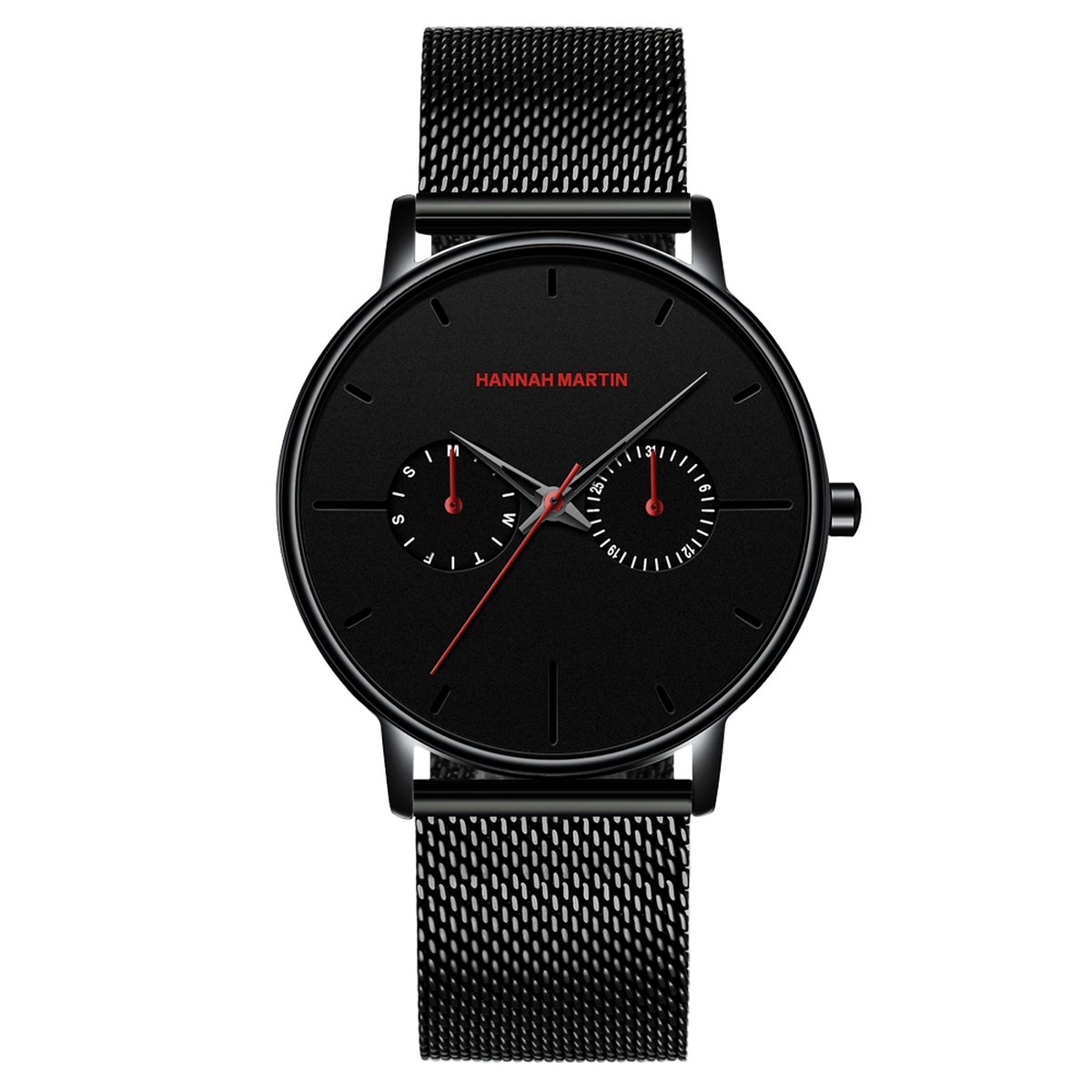 HANNAH MARTIN horloge met zwarte stalen polsband, zwarte wijzerplaat, zwarte horlogekast en zwarte wijzers voor heren met stijl ( model 150 WH2 )