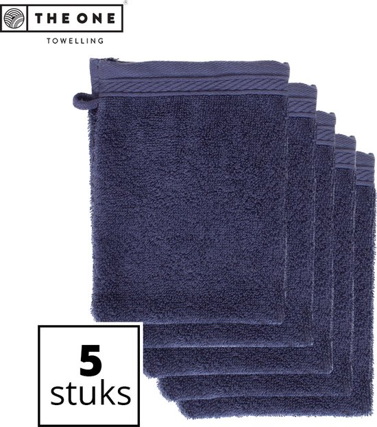 Vijf donkerblauwe washandjes met opgestikte rand en ophanglus, "5 stuks" logo.