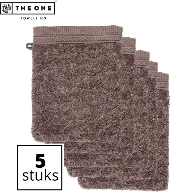 The One Towelling Washandjes - 16 x 21 cm - 5 Stuks - Voordeelverpakking - 100% organisch katoen - Met ophanglus - 550 gr/m2 - Taupe