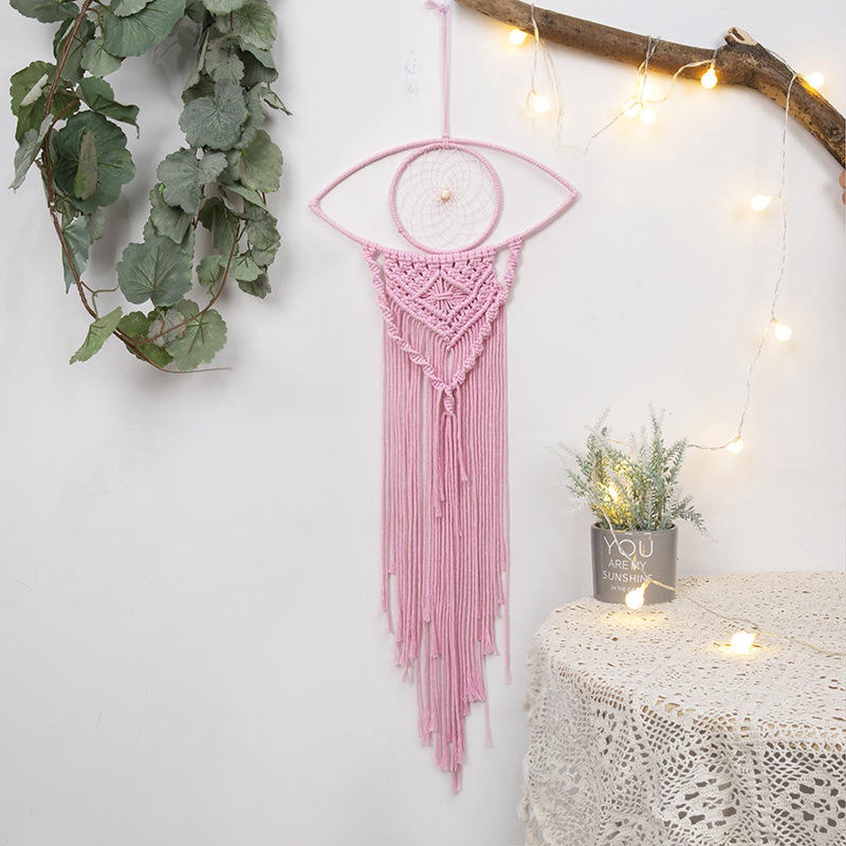 Handgemaakte Dromenvanger | Dreamcatcher | Macramé | 30cm bij 70cm | Hoogwaardige Kwaliteit | Roze