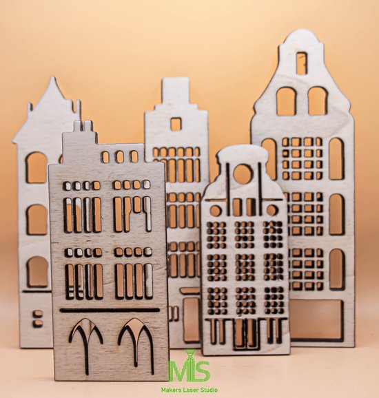 Houten Mini Huizen, Set van 5 Houten Huis Vormen,kerst huizen, DIY Huis Blank, DIY Huis Decoratie, kerst decoratie Hout Craft Supplies/ amsterdamse huizen/ suvenier/houten huisjes/ kerst huisjes — afbeelding 5