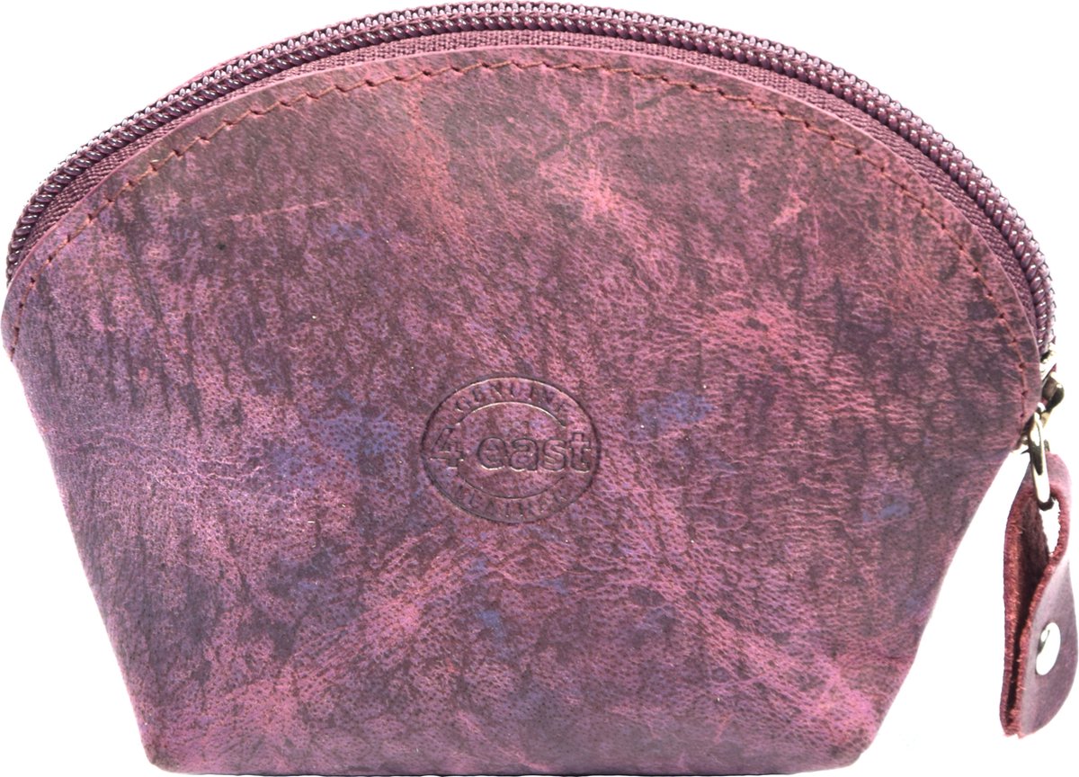 Vintage Paarse Ronde Portemonnee - Handgemaakt Buffelleer - Compacte en Trendy Kleine Portemonnee - 11 x 9.5 x 3 cm