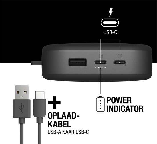 Aanzicht van de poorten van een donkergrijze powerbank met USB-A, USB-C poorten en oplaadkabels.