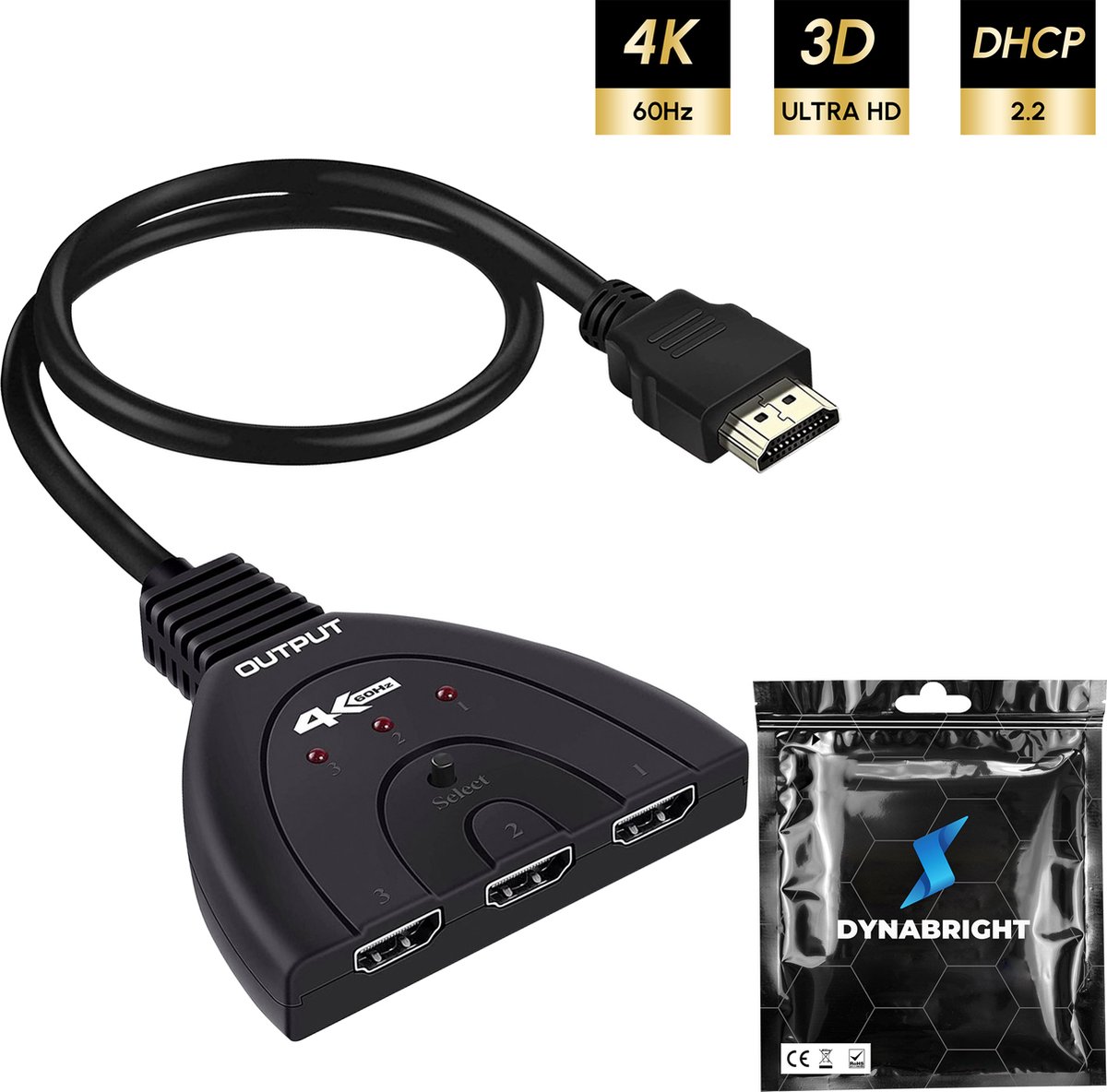 Switch Hdmi 4K Ultra Hd 3 Entrees Et 1 Sortie Avec Cable 4K 3In 1Out Cable
