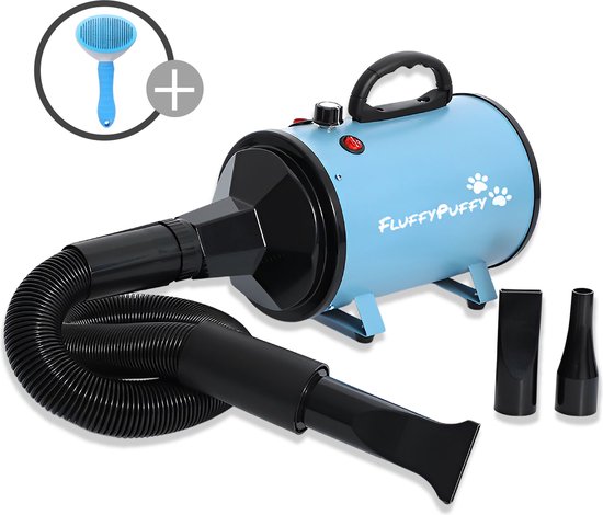 Fluffypuffy professionele hondenföhn met 3 opzetstukken - waterblazer voor honden - 2800 w verstelbaar vermogen - stil design - inclusief e-book + hondenborstel - blauw