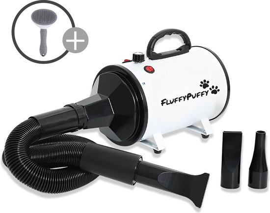 Fluffypuffy professionele hondenföhn met 3 opzetstukken - waterblazer voor honden - 2800 w vermogen - stil design met geluidsdemper- inclusief e-book + hondenborstel - wit