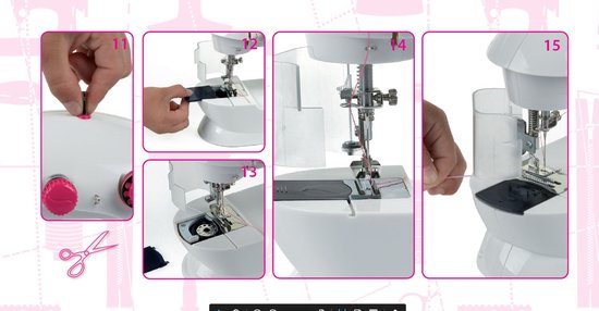 Stapsgewijze instructies voor het gebruik van een witte en roze kindernaaimachine.
