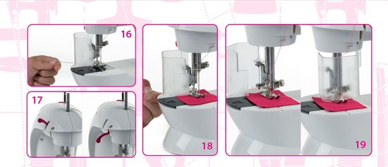 Close-up van de naald van de kindernaaimachine die door roze stof naait.