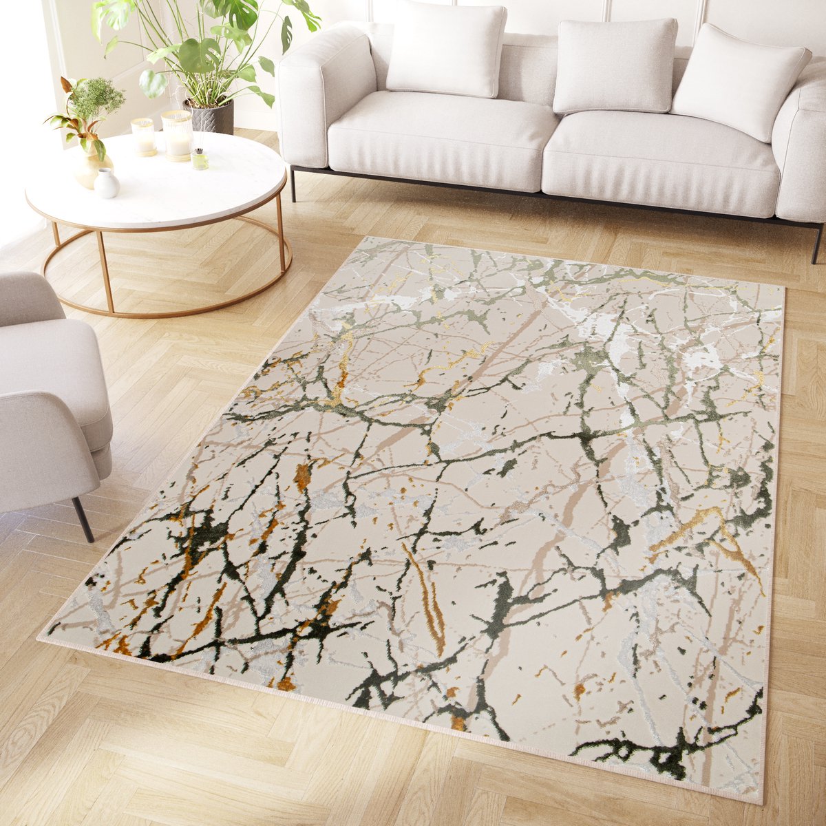 Tapiso Crystal Vloerkleed Beige Creme Grijs Marmer Kleed Tapijt Maat- 200x300
