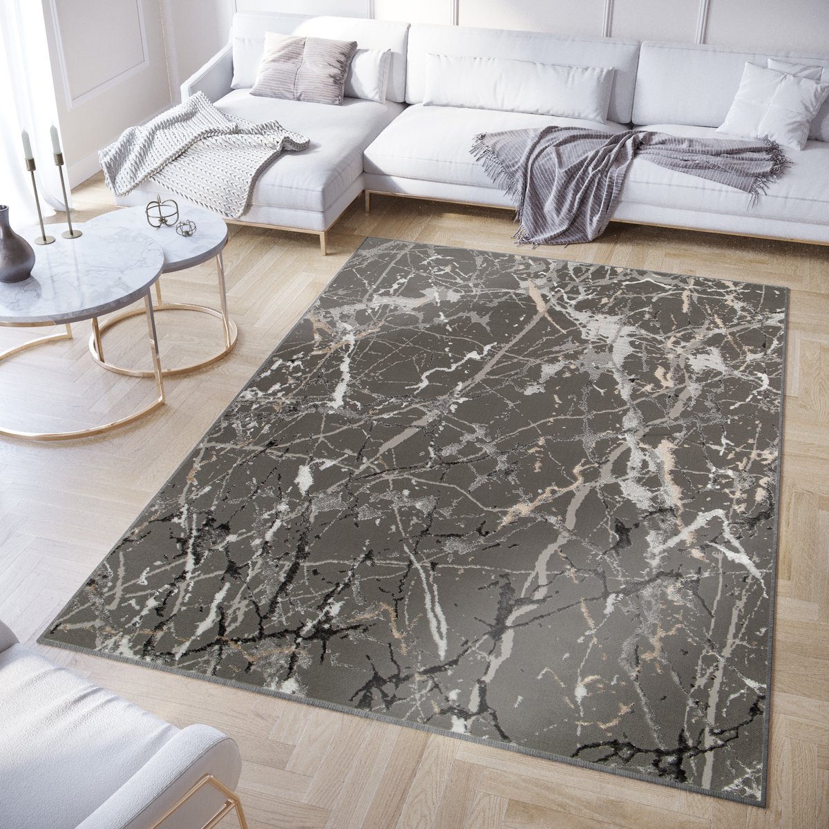 Tapiso Crystal Vloerkleed Grijs Donkergrijs Marmer Kleed Tapijt Maat- 140x200