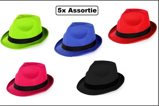 5x Festival Maffia hoed assortie kleuren - Gleuf hoedje Hoofddeksel hoed festival thema feest feest party