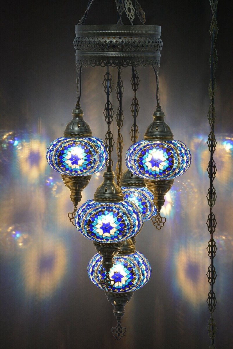 5 globe bollen Turkse hanglamp Oosterse kroonluchter blauw mozaïek glas