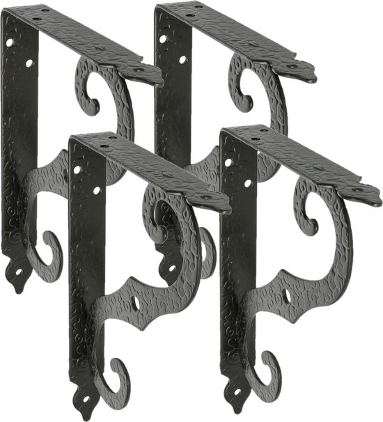 AMIG Support d'étagère/support/support mural Baroque - 4x - métal - noir - H250 x L190 mm - Jusqu'à 100 kg - supports d'étagère