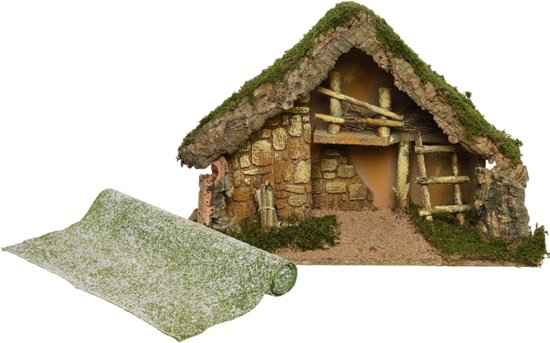 Lege kerststal - L50 x B22 x H31 cm - incl. gras ondergrond/achtergrond - besneeuwd
