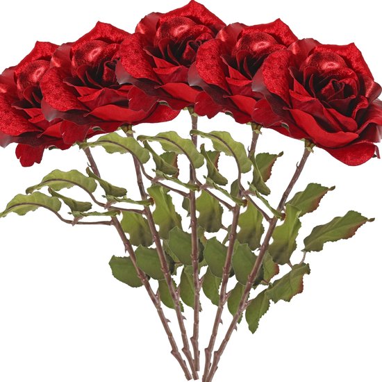 Top Art Kunstbloem roos Glamour - 5x - rood satijn - 61 cm - kunststof steel - decoratie bloemen