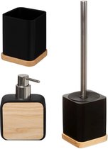 Badkamer/toilet accessoires set 3-delig - zwart - bamboe - WC-borstel/tandenborstelhouder/zeeppompje