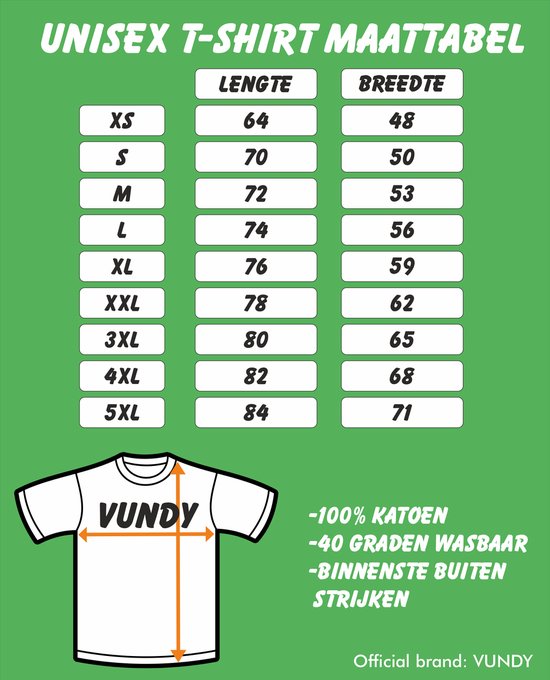 Tableau des tailles pour un T-shirt unisexe Vundy. Affiche la longueur et la largeur pour les tailles XS à 5XL. 100% coton, lavable à 40 degrés.