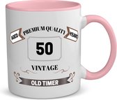 Akyol - 50 vintage old timer koffiemok - theemok - roze - 49+1 - mensen die 50 zijn geworden - 50 jaar sarah en abraham cadeau - jubileum man en vrouw - mok met opdruk - verjaardagsmok - grappige tekst mok - jarig - verjaardag - 350 ML contenu