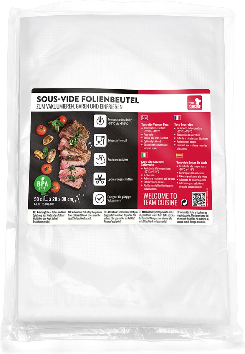 TEAM CUISINE | Vacumeerzakken | Vacuümzakken | Sous Vide Zakken | Set van 50 stuks | 20 x 30 cm | BPA Vrij