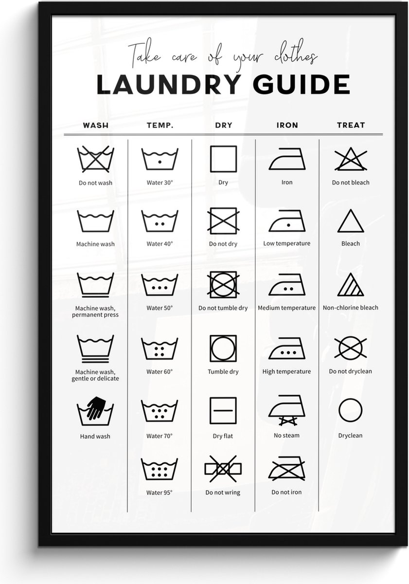 Fotolijst inclusief poster 60x90 cm - Foto in kader - Wanddecoratie zwart wit - Fotokader muurposter - Keuken decoratie lijst - Posters in fotolijsten - Houten frame ophangsysteem - Bord met tekst - Wasvoorschriften posterlijst - Cadeau voor man