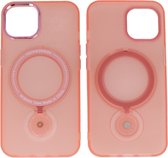 iPhone 15 Magsafe Hoesje - Mat Transparant Case met Staande Functie - Roze