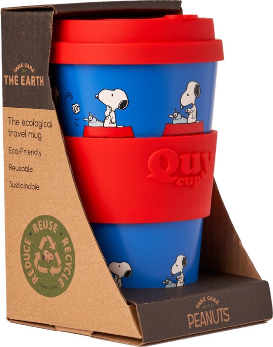 Quy Cup Gobelet de voyage écologique 400 ml - Peanuts Snoopy "The Writer" - Sans BPA - Fabriqué à partir de Bouteilles PET recyclées avec couvercle en Siliconen rouge