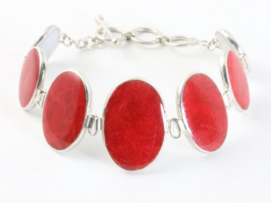 Zilveren armband met rode koraal steen en parelmoer