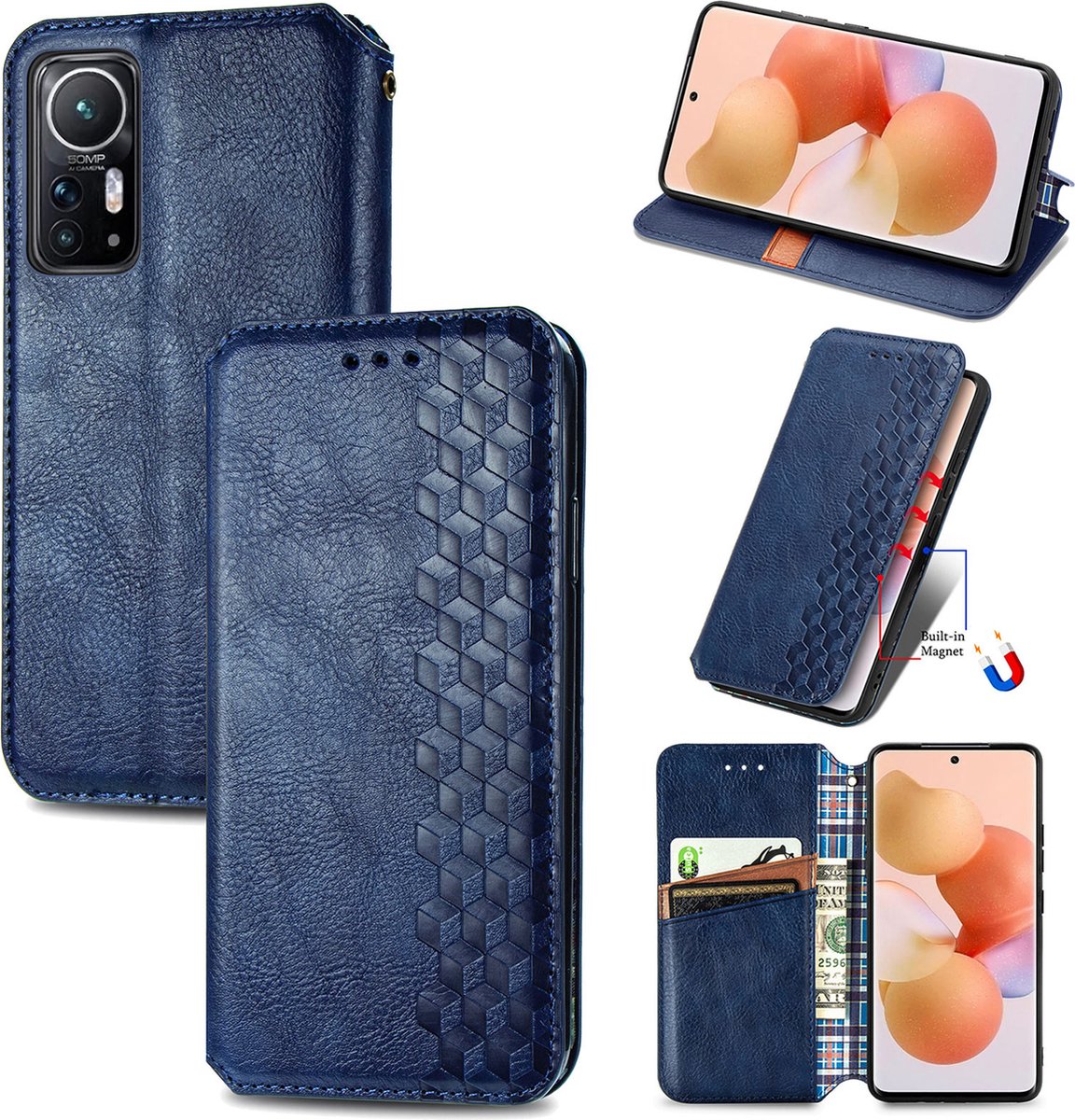 Luxe PU Lederen Ruitpatroon Wallet Case + PMMA Screenprotector voor Redmi 12 (4G/5G) _ Blauw